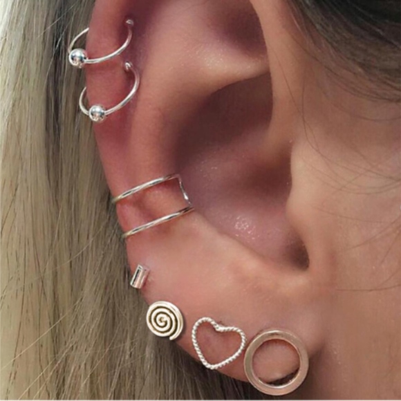 Jewelry - Ear Cuff Open Heart Circle Bar Stud Earrings 7Pc